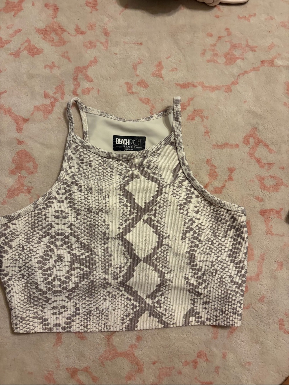 Beach Riot Ribbed Snake-Print Cropped Tank in Cream and Gray